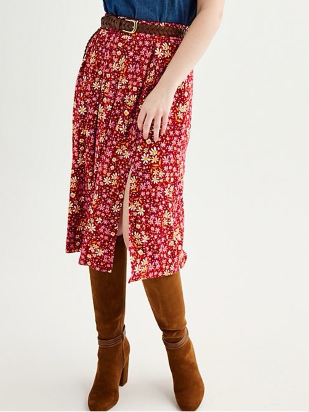Draper James Red Floral Midi Skirt with Side Slit